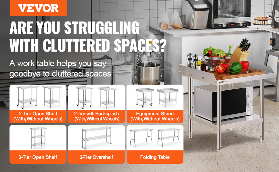 VEVOR stainless steel work table in kitchen with vegetables and equipment, various table options below.