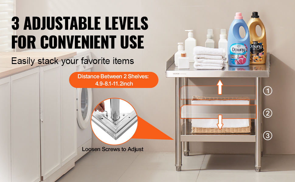 VEVOR stainless steel work table with 3 adjustable levels for convenient use, holding laundry supplies.