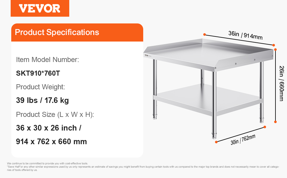 VEVOR stainless steel work table, 36x30x26 inches, 39 lbs, model skt910*760t, with lower shelf.