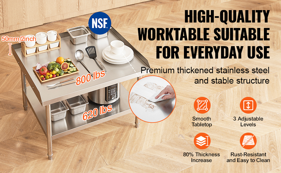 nsf-certified VEVOR stainless steel work table with smooth tabletop, 3 adjustable levels, and 800 lbs load.