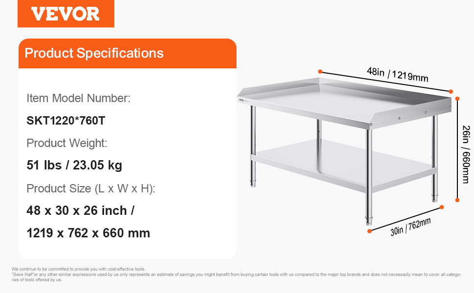 VEVOR stainless steel work table specifications: 48x30x26 inches, 51 lbs, model skt1220*760t.