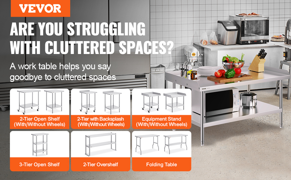 VEVOR stainless steel work table options for organized kitchen spaces; open shelf, backsplash, and equipment stand.