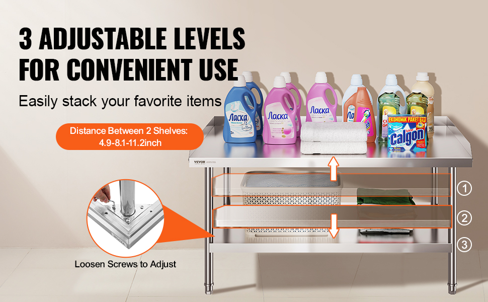 VEVOR stainless steel work table with adjustable shelves holding detergents, towels, and a storage basket.