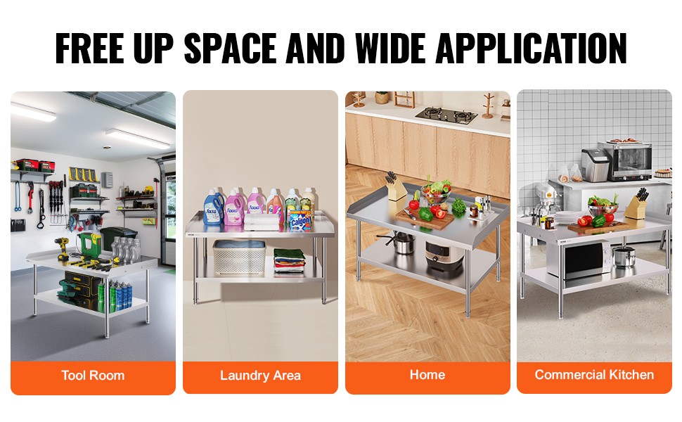 free up space with the VEVOR stainless steel work table in tool rooms, laundry areas, homes, and kitchens.