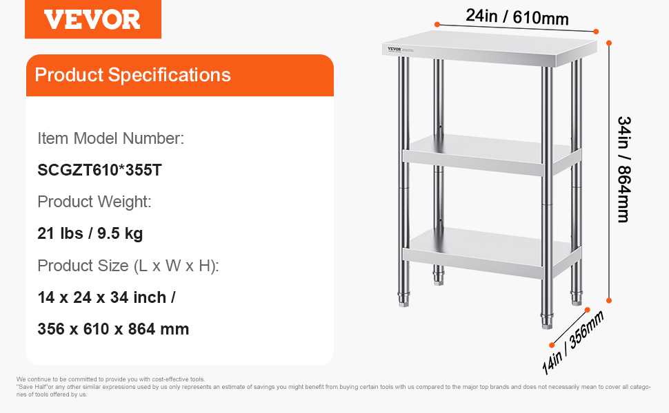 VEVOR stainless steel food prep table with three shelves, with dimensions 14 x 24 x 34 inches.