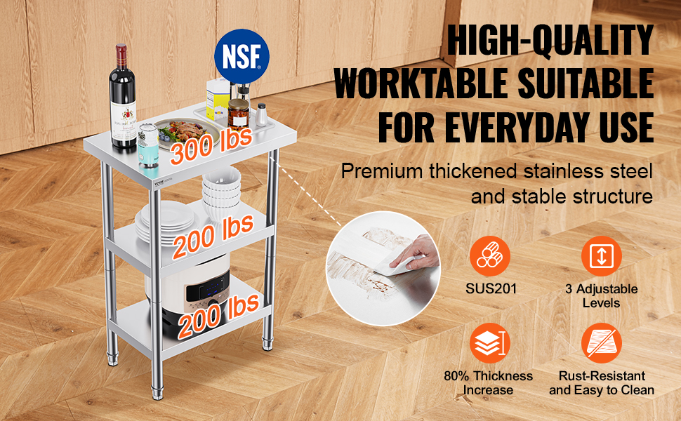 VEVOR stainless steel food prep table with 3 adjustable levels, handles up to 300 lbs, stable and rust-resistant.
