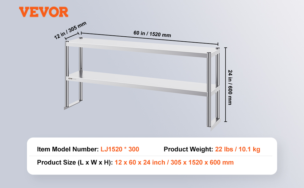 VEVOR topelt overshelf, lj1520*300, 12 x 60 x 24 tolli, 22 lbs.