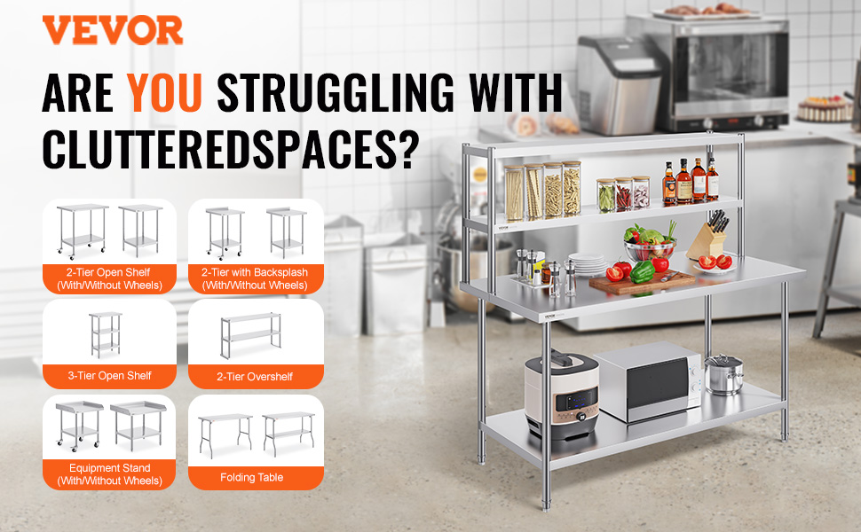 VEVOR double overshelf kitchen, organized shelves with various accessories, appliances, and produce.