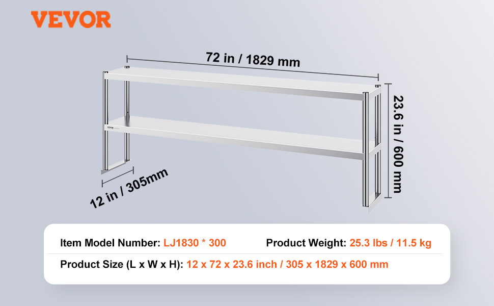 VEVOR double overshelf, 72 x 12 x 23.6 inches, lj1830 model, weight 25.3 lbs, dimensions in the image.