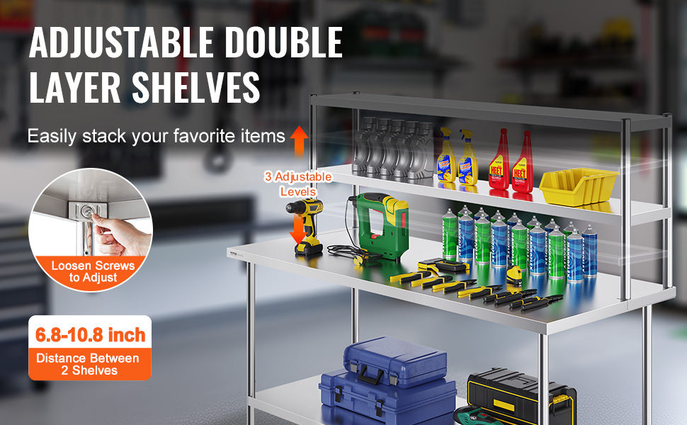 VEVOR double overshelf with adjustable double-layer shelves for easy item stacking in a workshop setting.