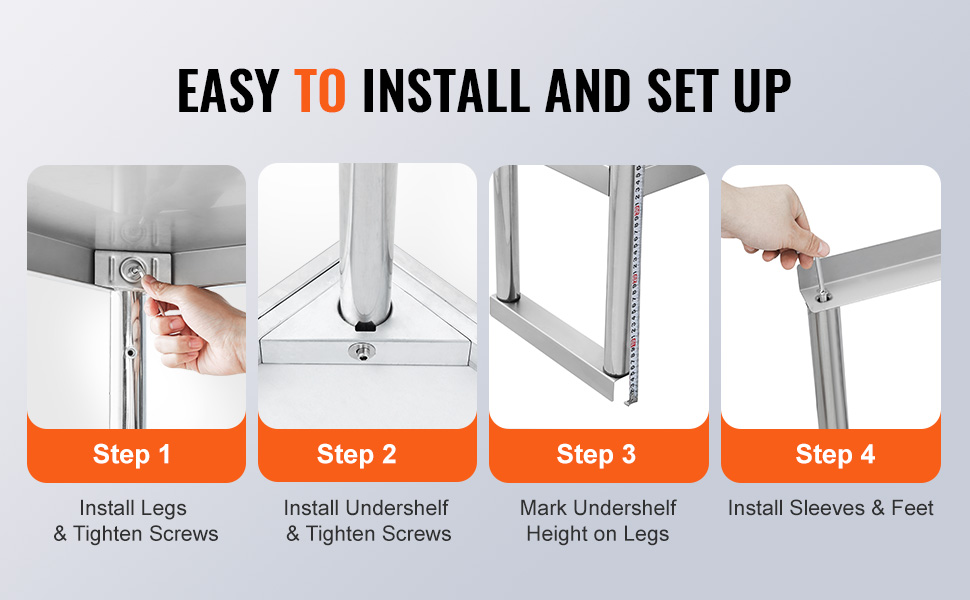 easy setup guide for VEVOR double overshelf with steps for installing legs, undershelf, and adjusting height.