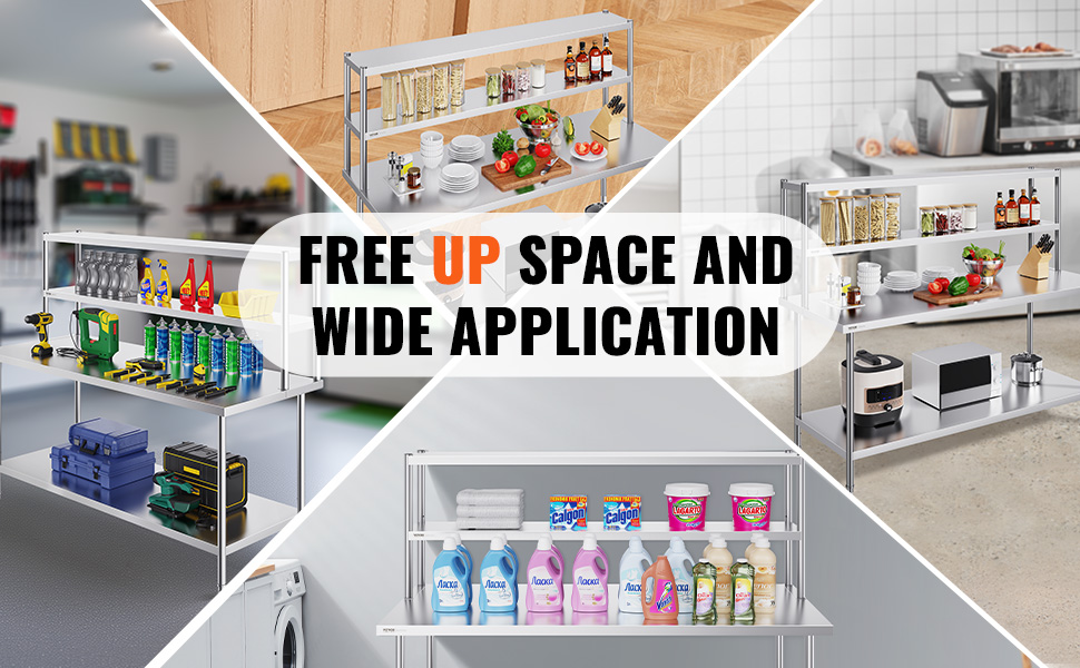 VEVOR double overshelf in kitchens and storage, promoting space optimization and wide application.