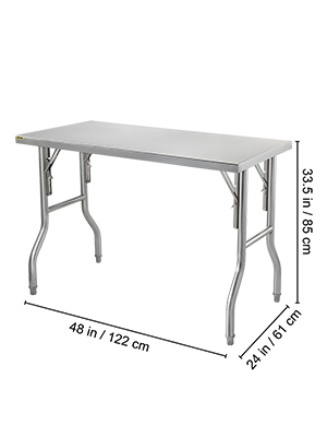 VEVOR stainless steel kitchen island, 48x24 inches, with measurements and foldable legs.