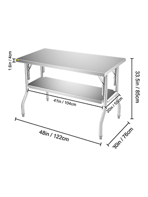 stainless steel VEVOR commercial worktable with undershelf, 48x30x33.5 inches.
