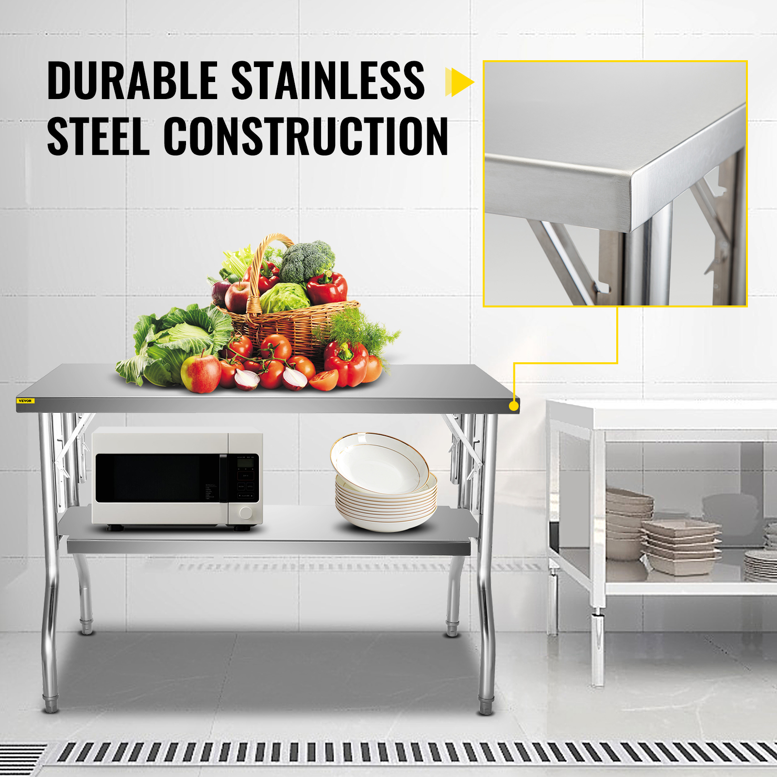 VEVOR commercial worktable with durable stainless steel, fruits, microwave, and plates.