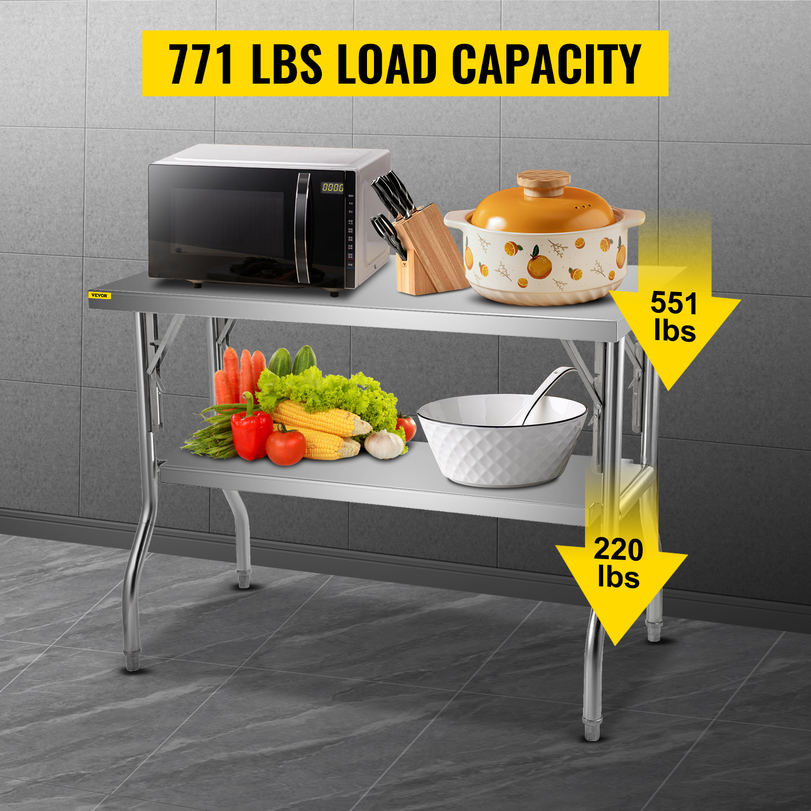 VEVOR commercial worktable with food and appliances showing 771 lbs load capacity.