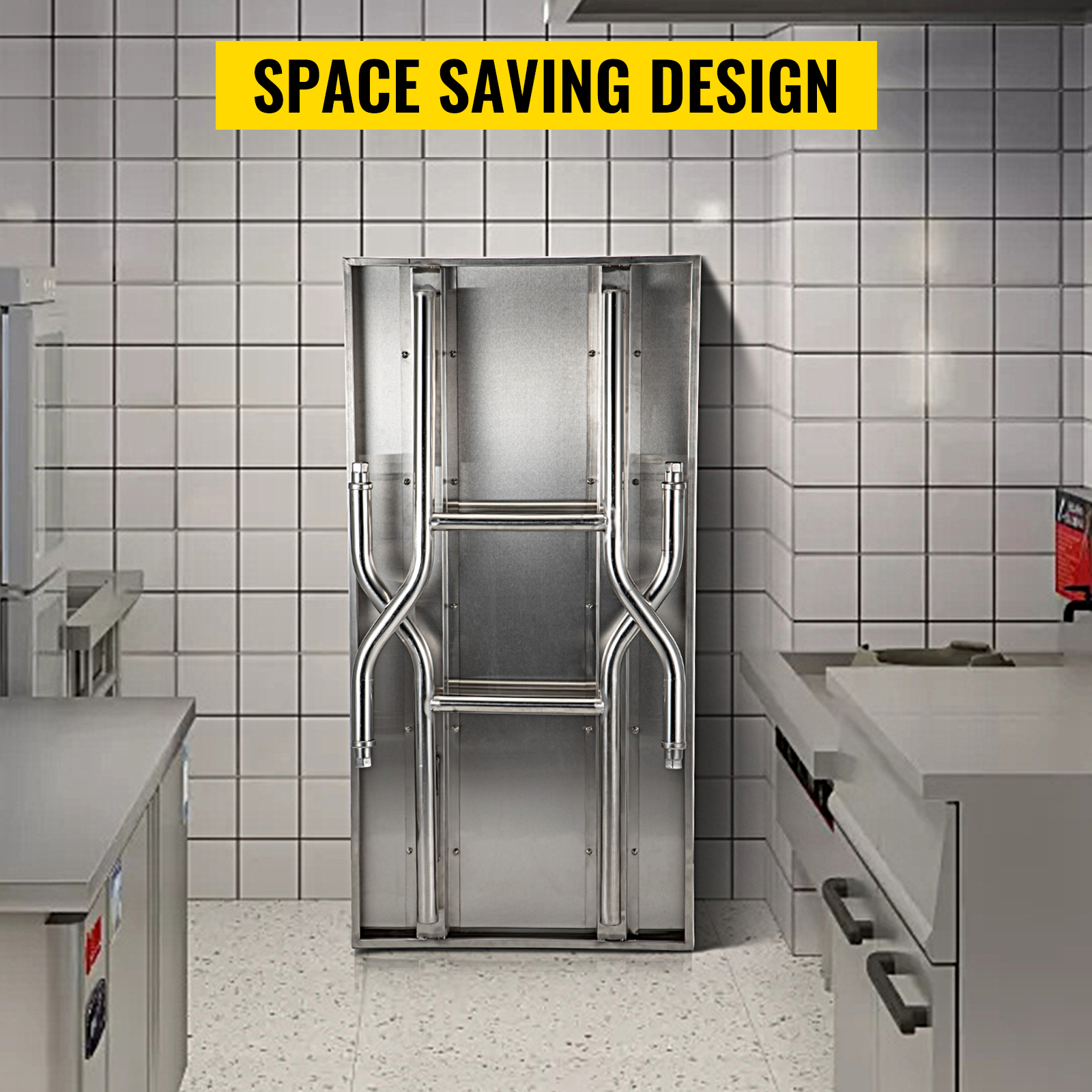VEVOR commercial worktable folded in a small kitchen, highlighting space-saving design.