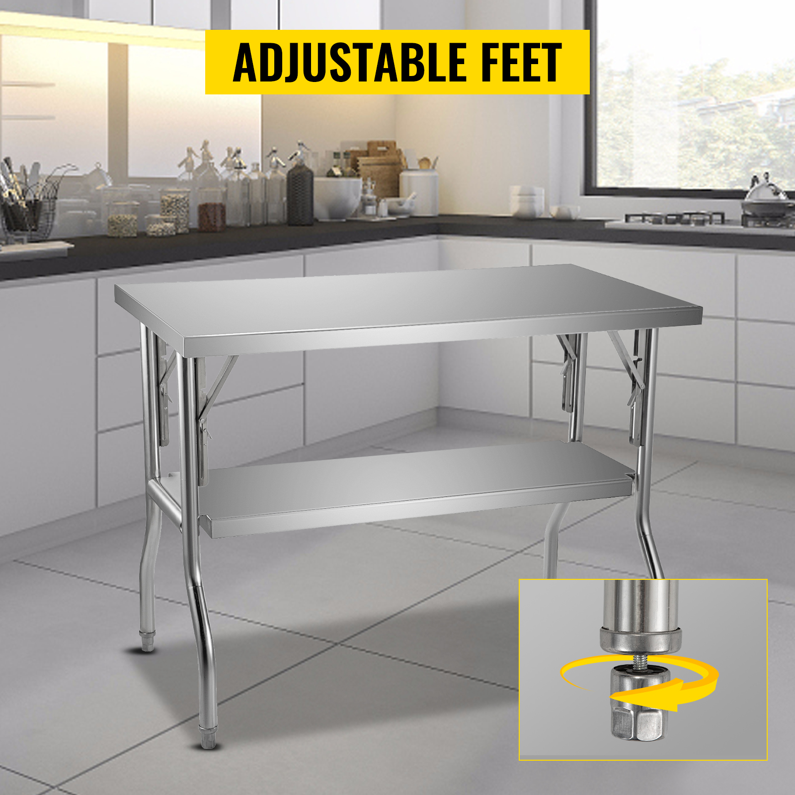 VEVOR commercial worktable in a kitchen with adjustable feet highlighted.