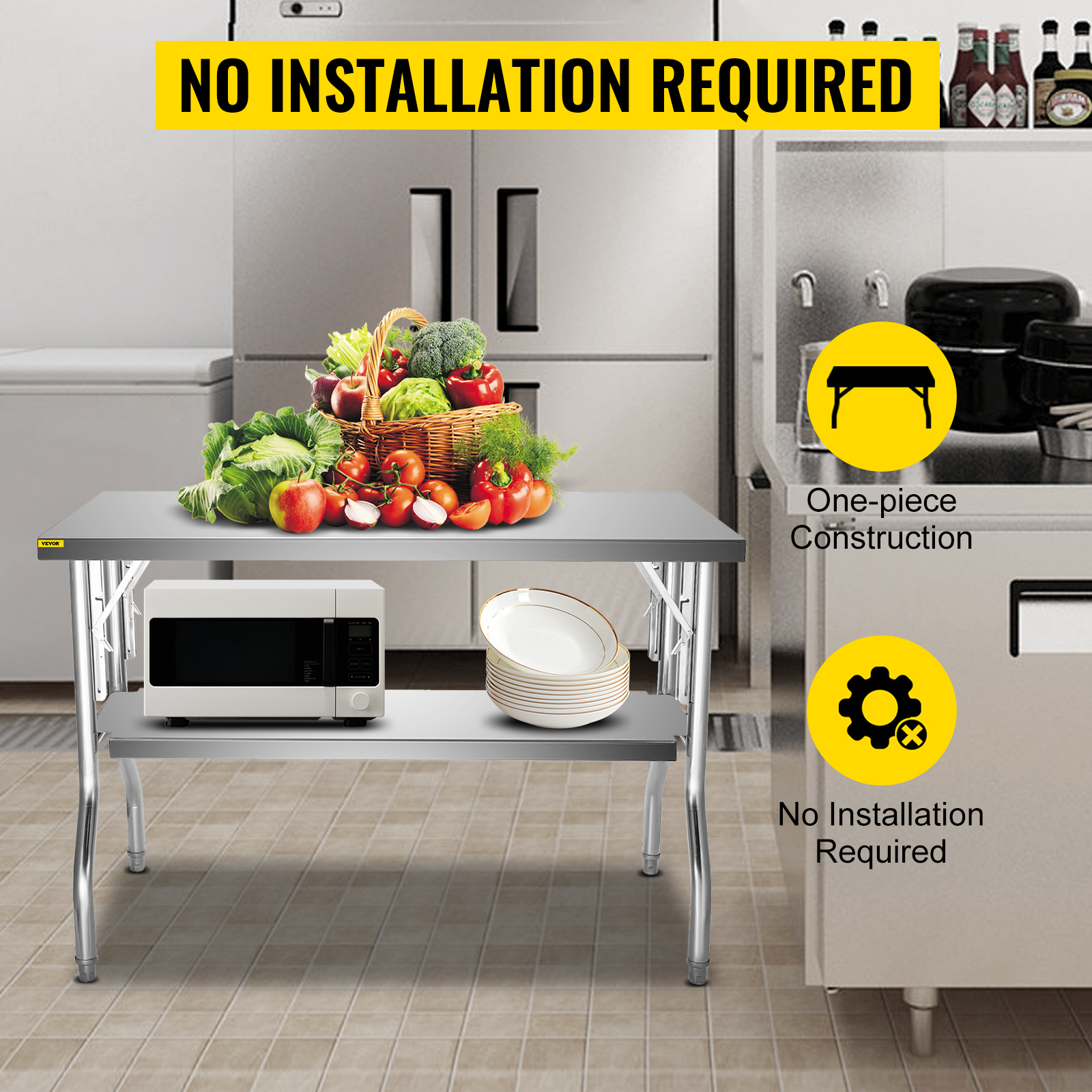 stainless steel VEVOR commercial worktable with basket of vegetables and kitchen items.