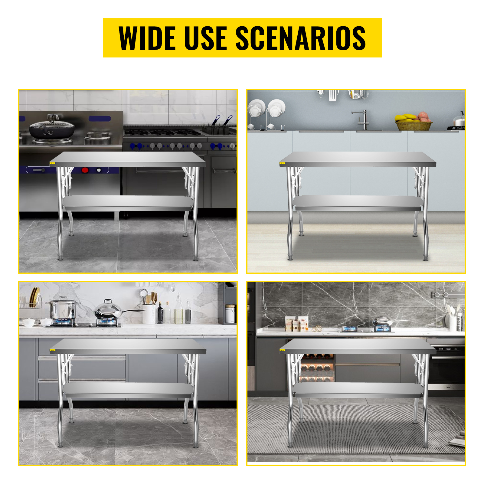 VEVOR commercial worktable in different kitchen setups showcasing versatility.