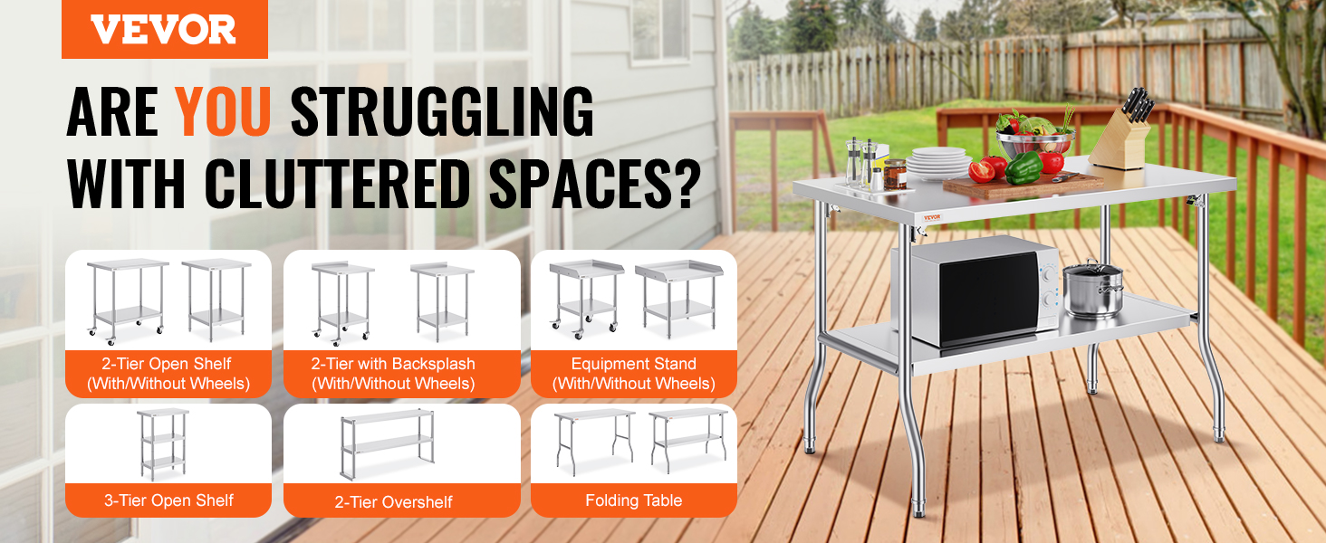VEVOR commercial worktable on deck with kitchen items, illustrating organization solutions.