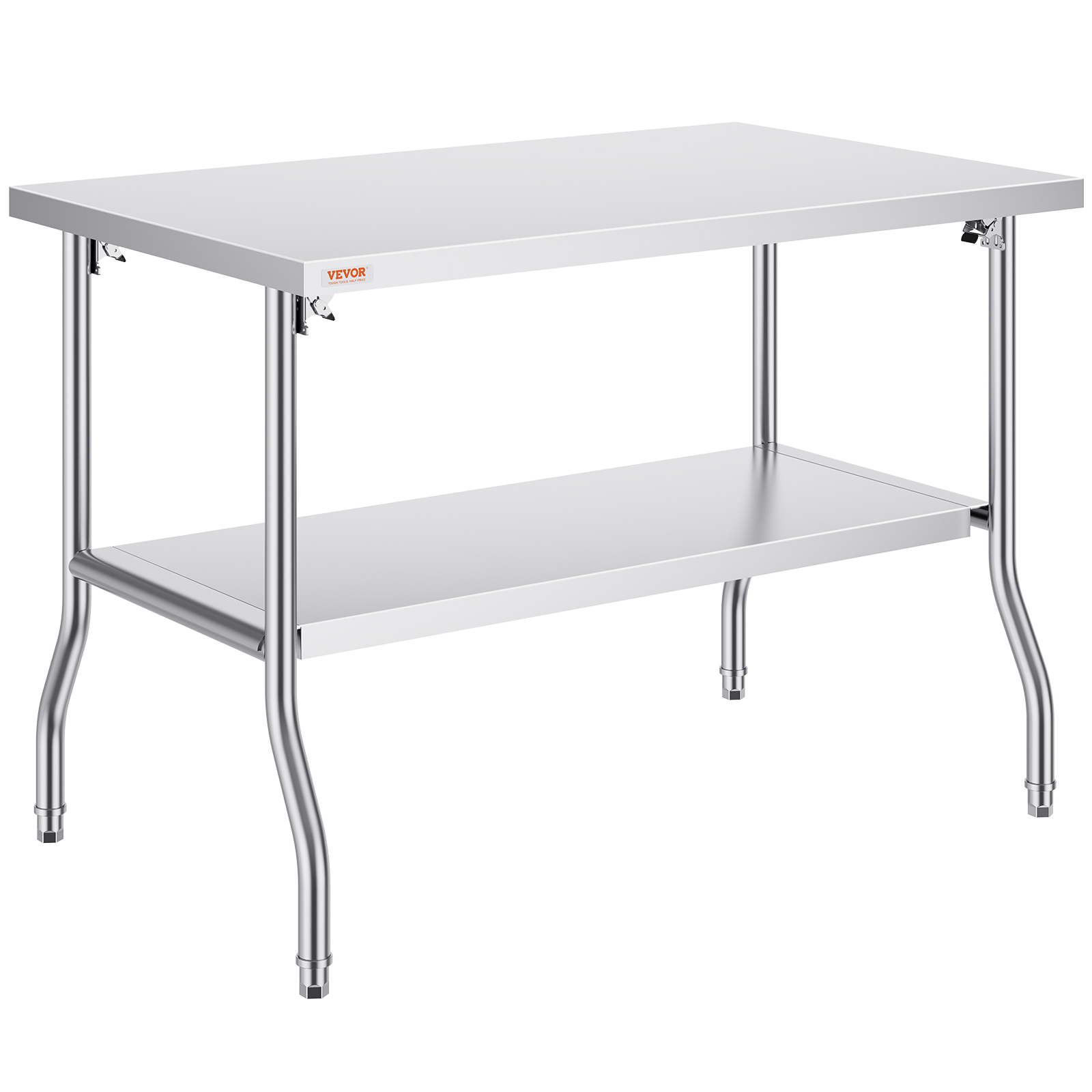 stainless steel VEVOR commercial worktable with undershelf and sturdy legs.