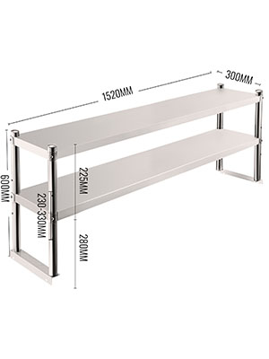 stainless steel VEVOR double overshelf with adjustable height and dimensions.