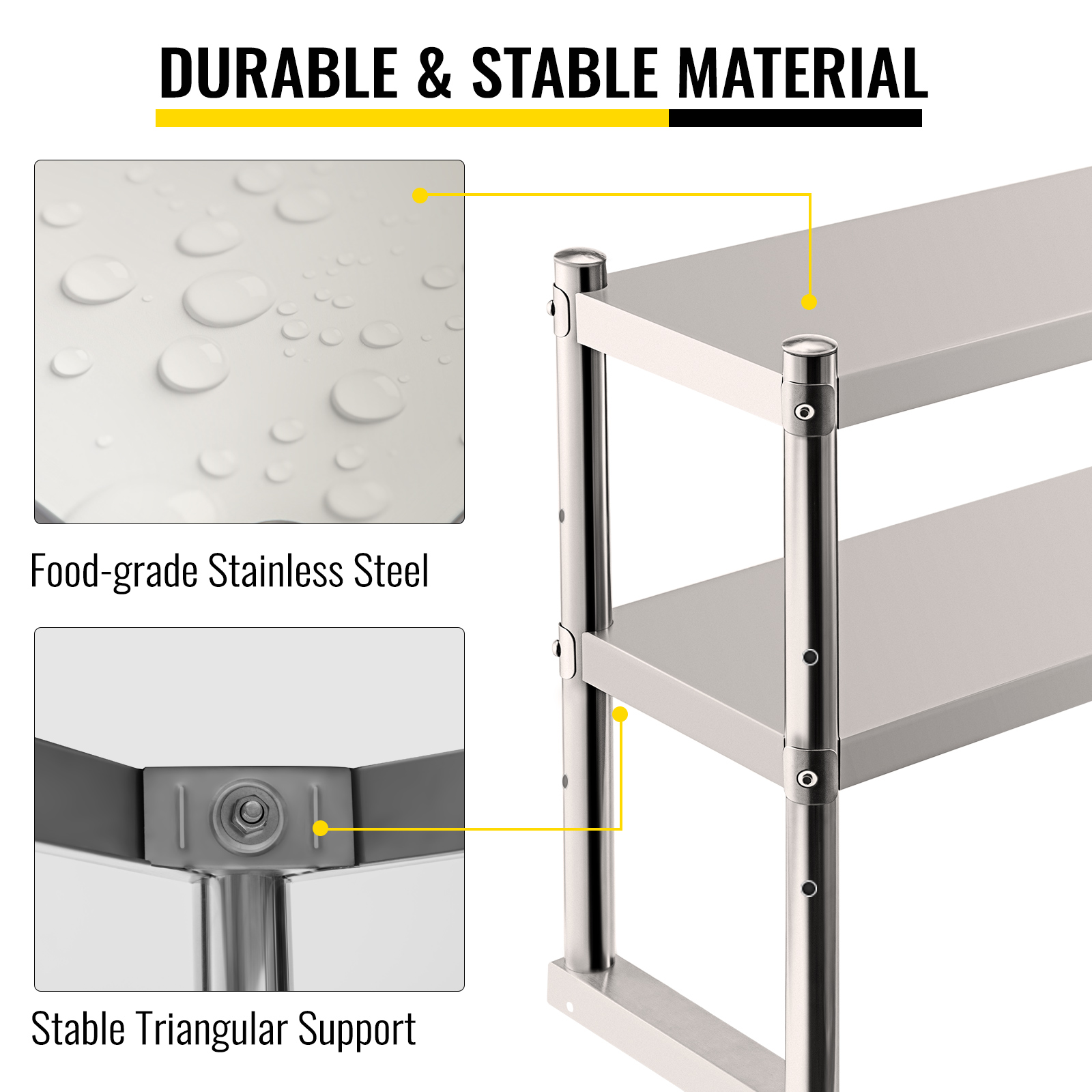 VEVOR double overshelf, food-grade stainless steel, stable triangular support.
