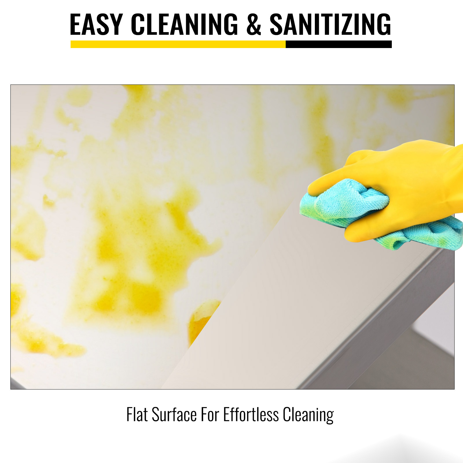 yellow gloved hand cleaning VEVOR double overshelf with a green cloth. text: easy cleaning & sanitizing.