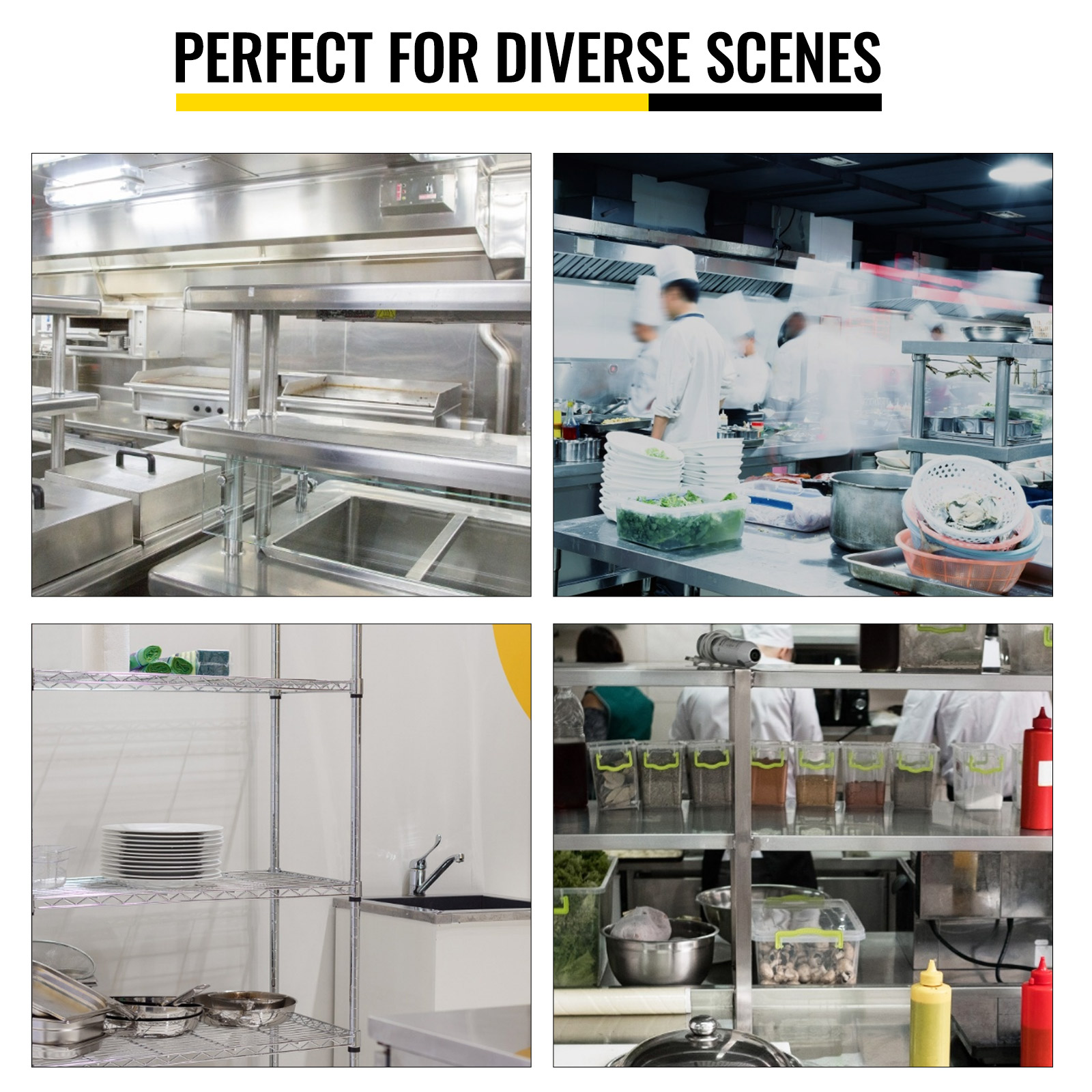 VEVOR double overshelf in busy commercial kitchen and storage areas.