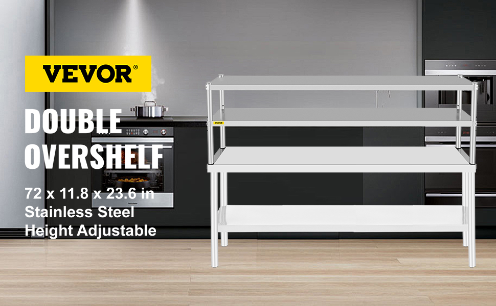 VEVOR double overshelf, stainless steel, height adjustable, 72 x 11.8 x 23.6 in.