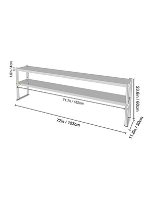 VEVOR double overshelf with dimensions 72in x 11.6in and 23.6in height.