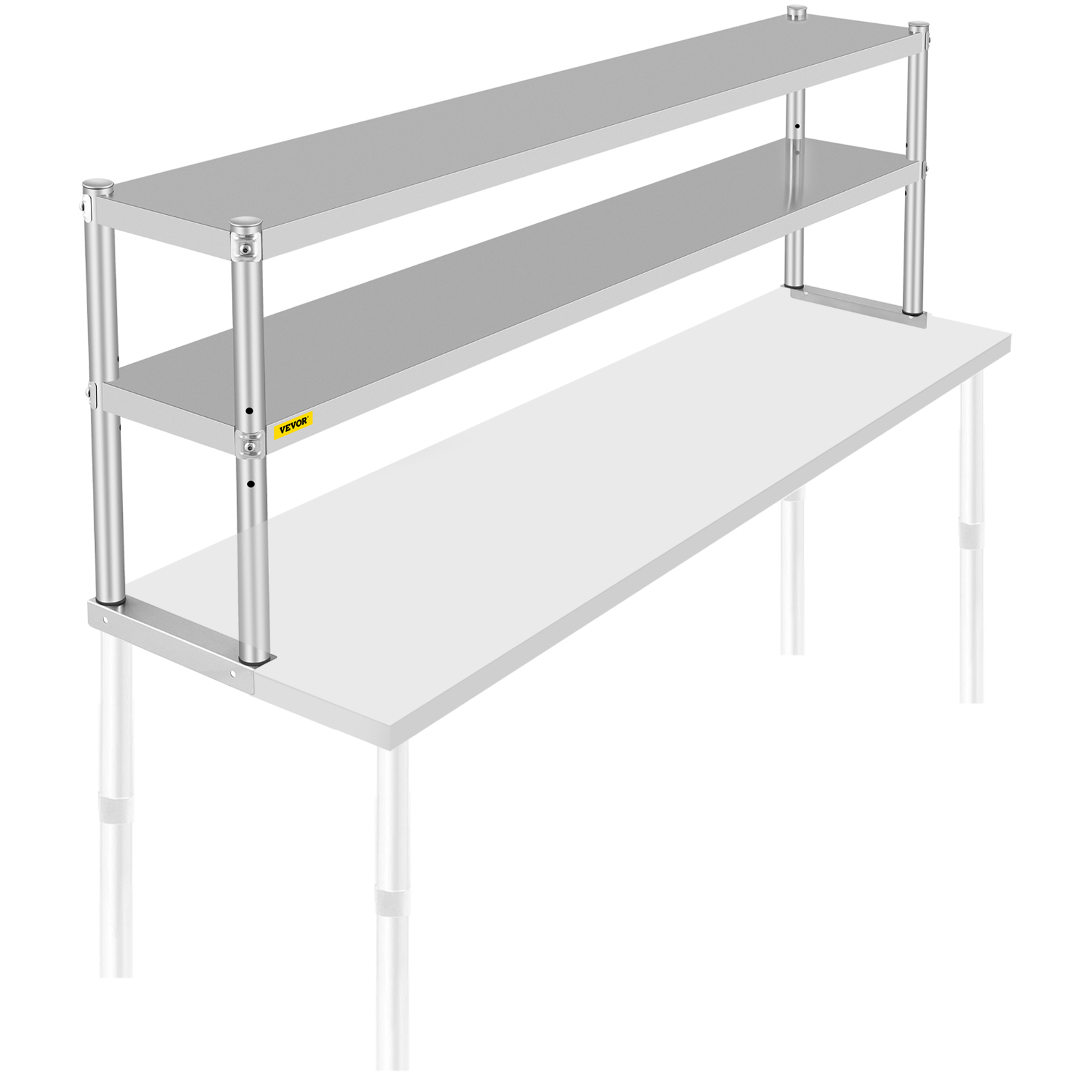 VEVOR double overshelf on a white table with dual stainless steel shelves.