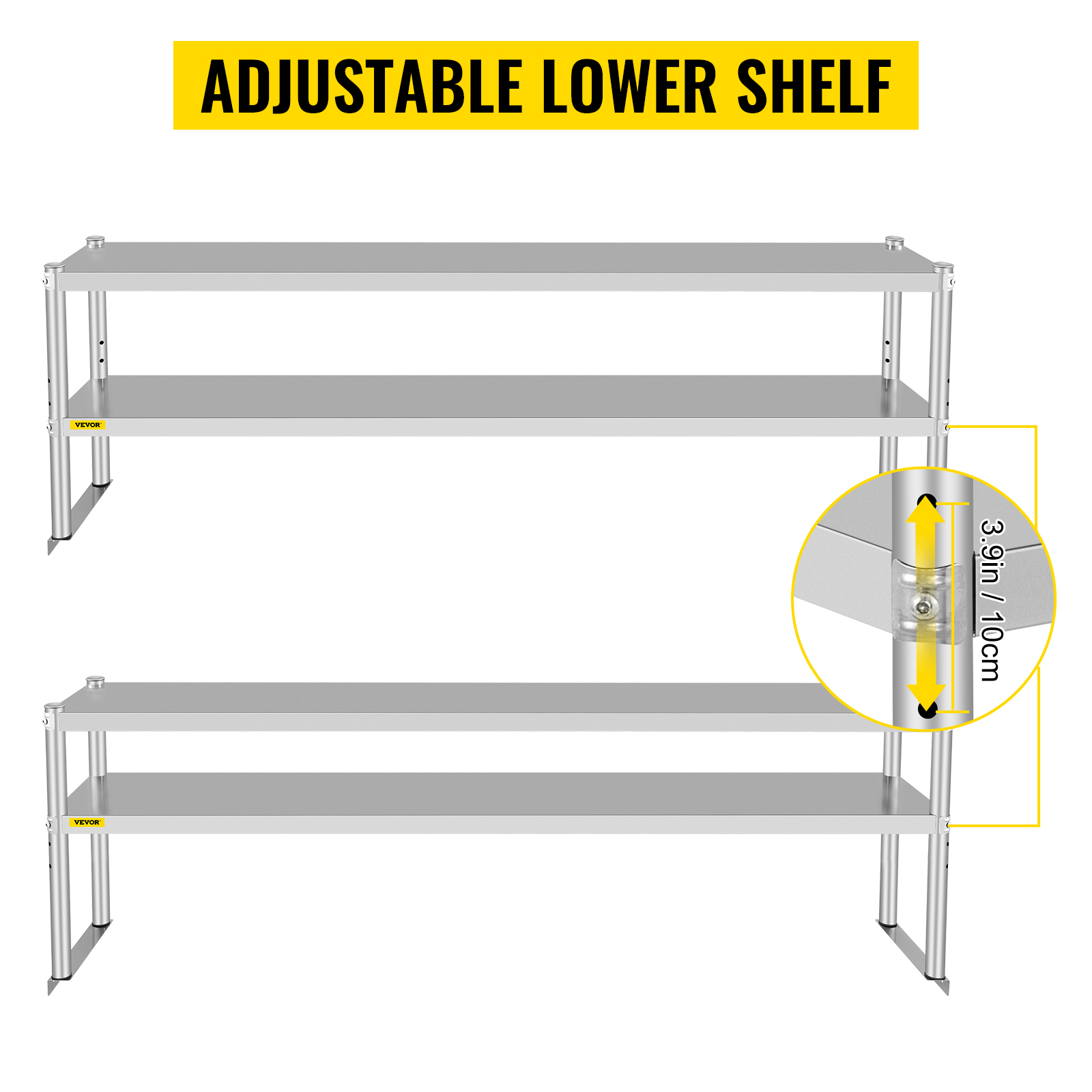 VEVOR double overshelf with adjustable lower shelf for versatile storage options.