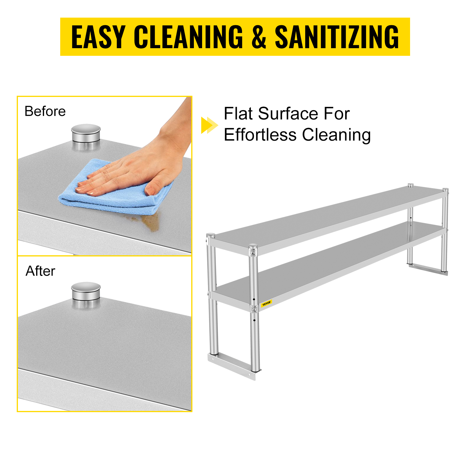 VEVOR double overshelf with easy cleaning flat surfaces showing before and after results.