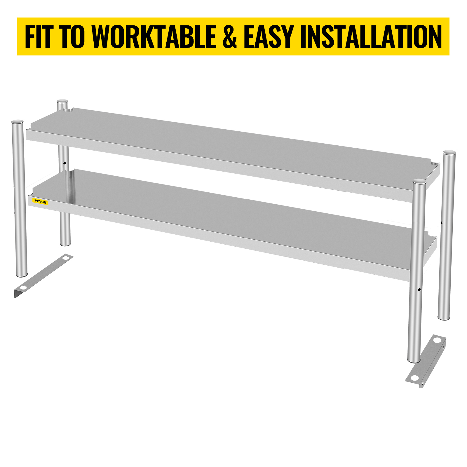VEVOR double overshelf, stainless steel, two-tier worktable shelving unit.