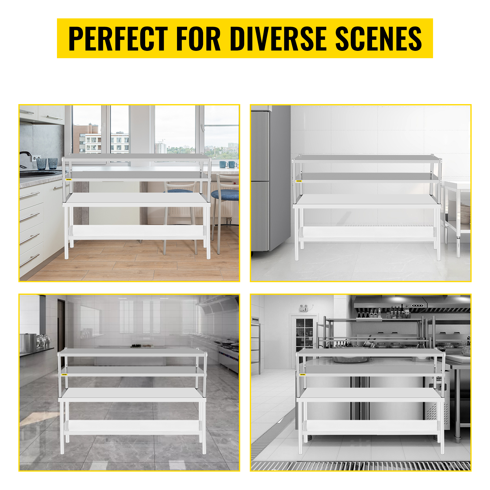 VEVOR double overshelf shown in various kitchen environments for versatile use.