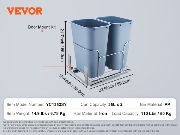 VEVOR pull-out trash can with two 35l pp bins, iron rails, 110 lbs load capacity, and door mount kit.
