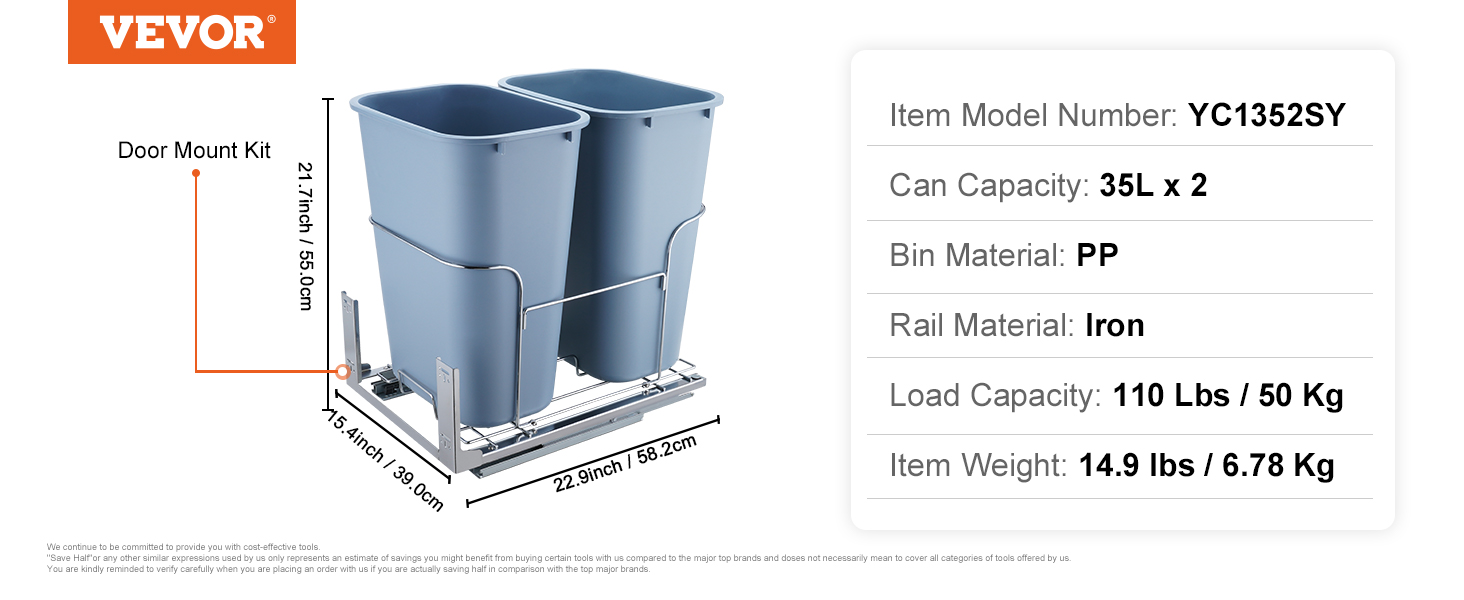 VEVOR pull-out trash can with two 35l pp bins, iron rails, 110 lbs load capacity, and door mount kit.