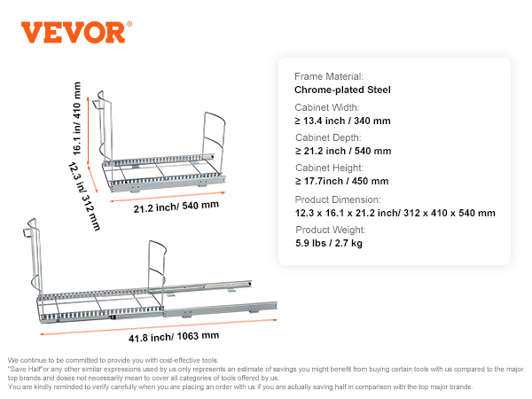 VEVOR pull-out trash can dimensions and specs with chrome-plated steel frame and sliding mechanism.
