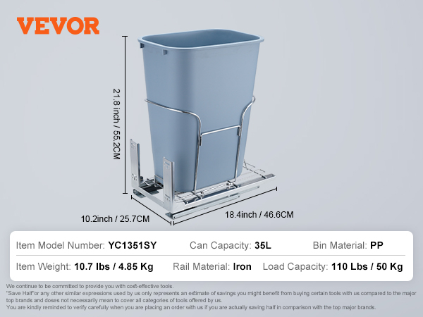 VEVOR pull-out trash can, model yc1351sy, 35l bin, pp material, iron rails, 110 lbs load capacity.