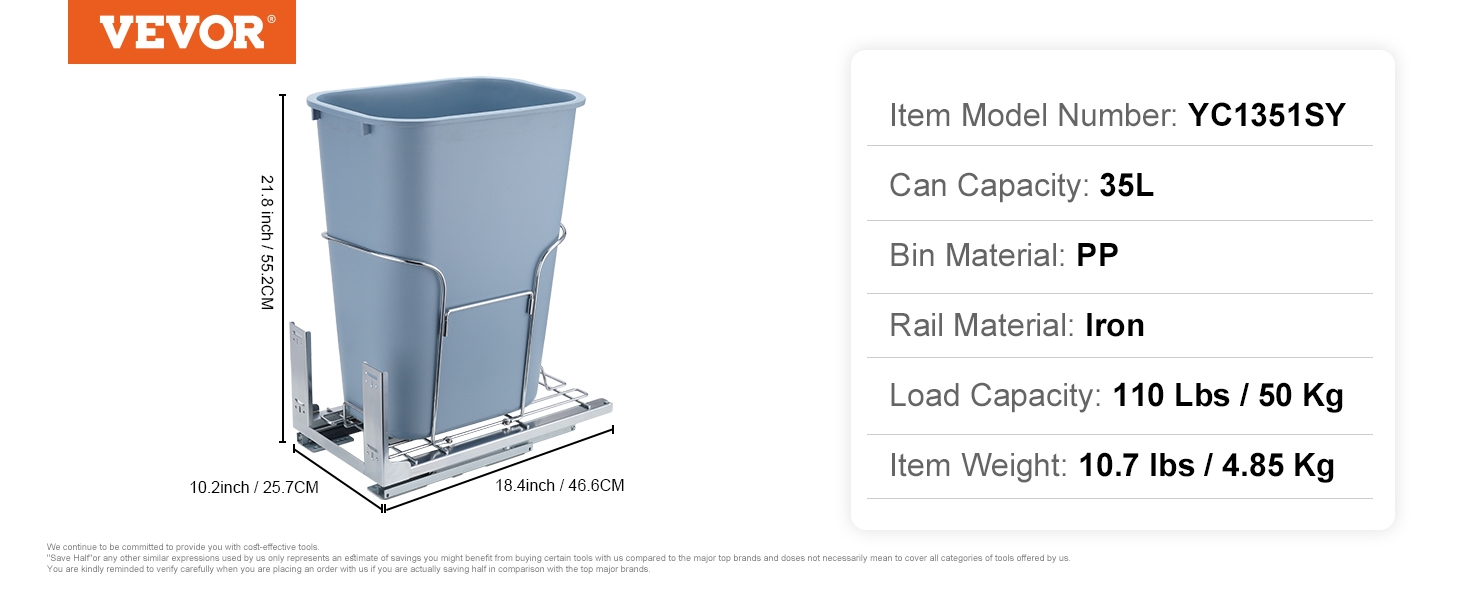 VEVOR pull-out trash can, model yc1351sy, 35l bin, pp material, iron rails, 110 lbs load capacity.