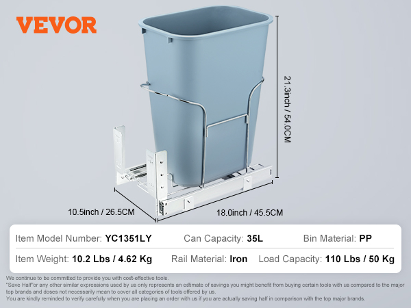 VEVOR pull-out trash can with 35l capacity, iron rail, and pp bin.