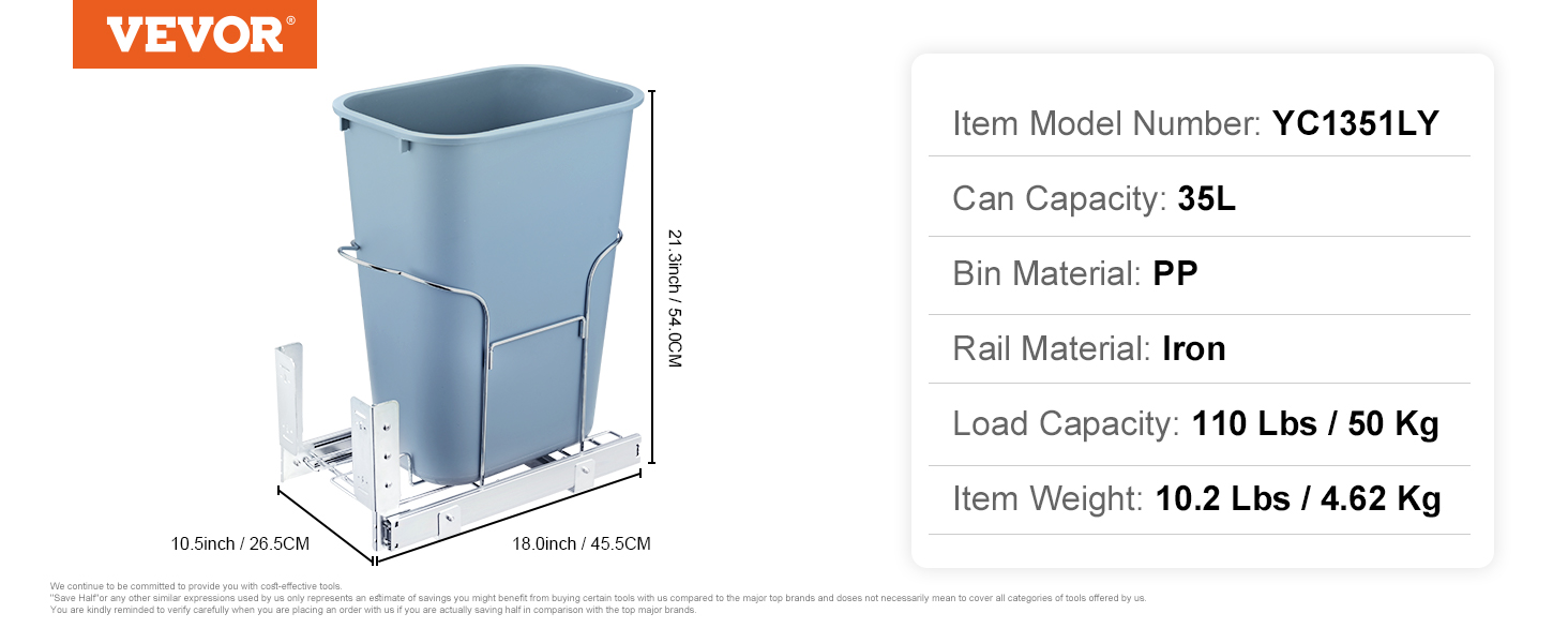 VEVOR pull-out trash can with 35l capacity, iron rail, and pp bin.