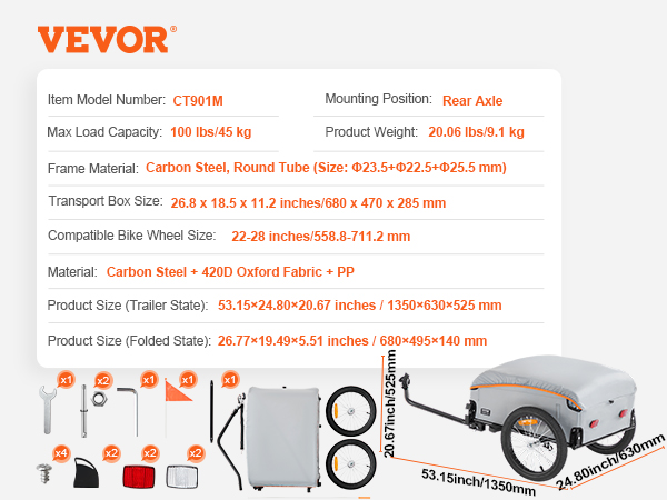 VEVOR velosipēdu kravas piekabe ar aizmugurējās ass stiprinājumu, oglekļa tērauda rāmis, 100 lbs ietilpība, pilns komplekts.