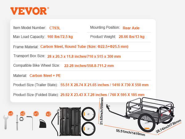 VEVOR bike cargo trailer with carbon steel frame, max load 160 lbs, rear axle mount, foldable design.