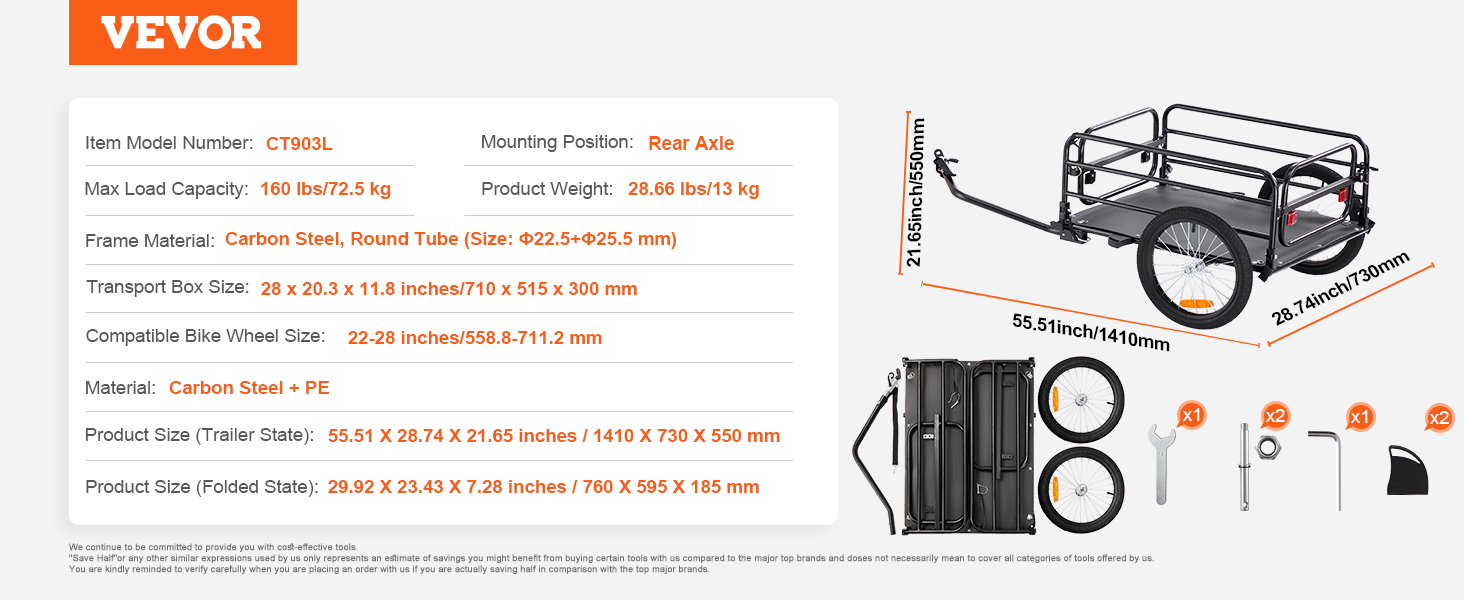 VEVOR bike cargo trailer with carbon steel frame, max load 160 lbs, rear axle mount, foldable design.