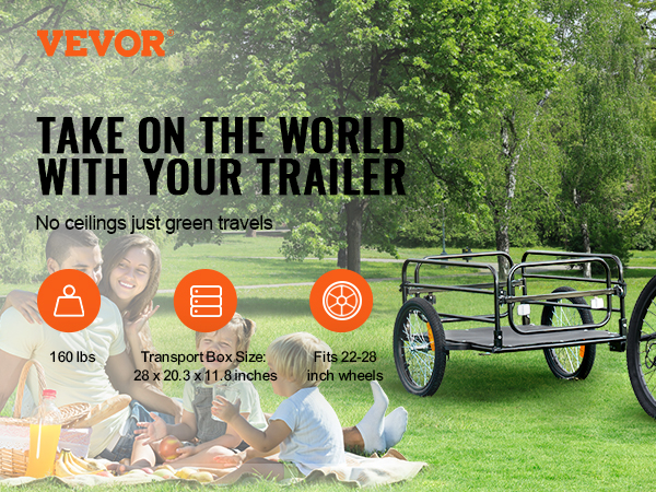 VEVOR bike cargo trailer in park with family, features 160 lb capacity and 22-28 inch wheel compatibility.