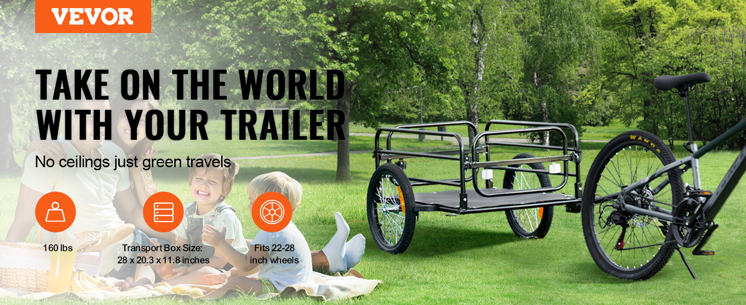 VEVOR bike cargo trailer in park with family, features 160 lb capacity and 22-28 inch wheel compatibility.