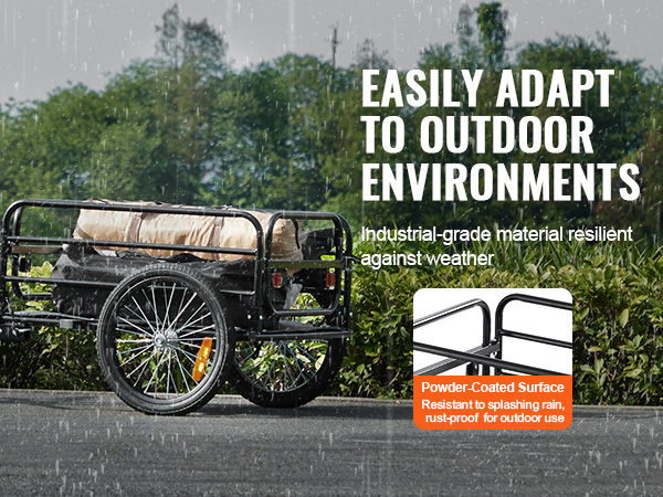 VEVOR bike cargo trailer with powder-coated surface and waterproof oxford fabric, adapting to rain.
